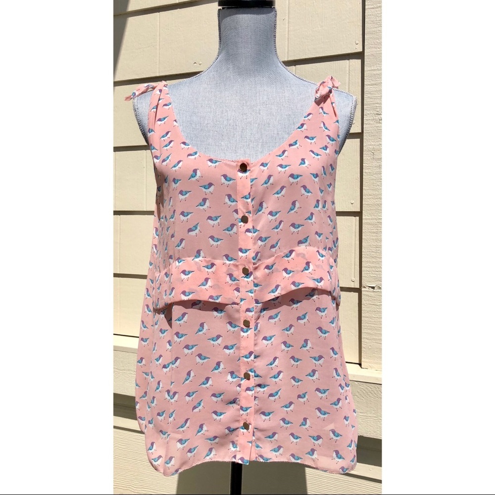 Under Skies Pink Blush Bird Print Button Down Top